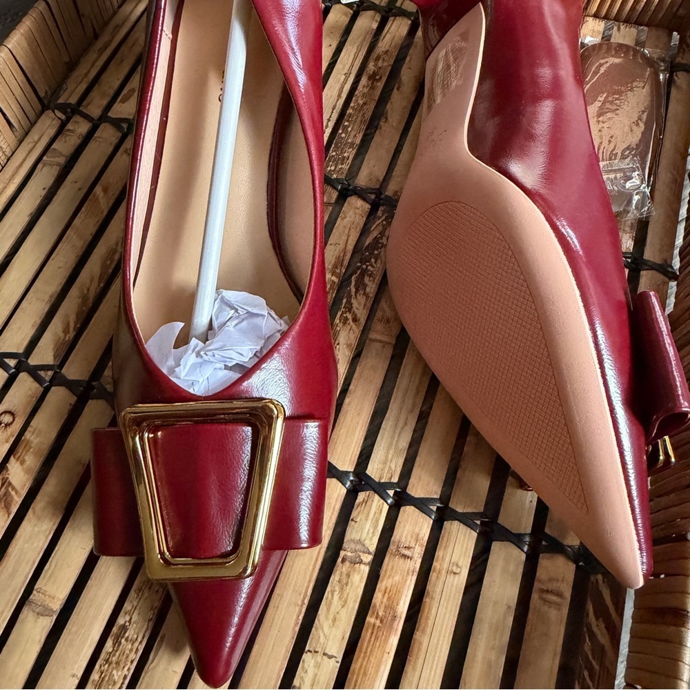 C.Paravano Red Burgundy Gold Buckle Kitten Heels Metal Tie Pumps Olivia NEW 7.5 - Picture 2 of 16